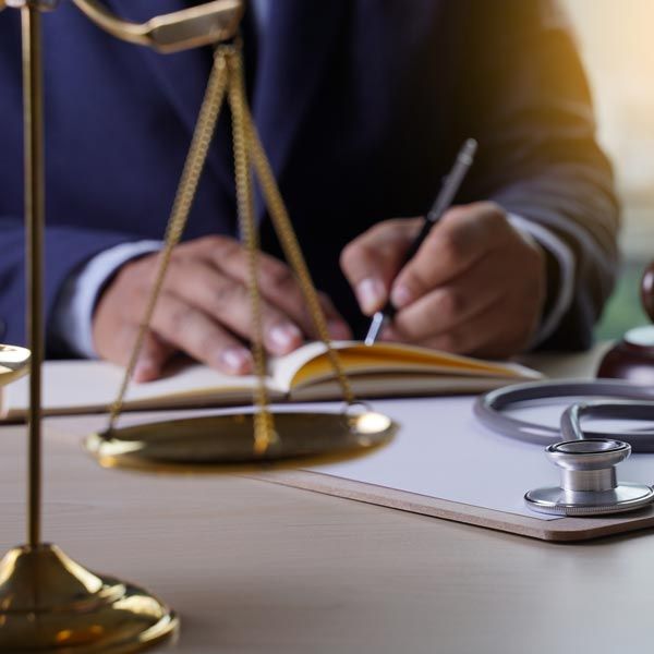 Shot of attorney writing notes through scales